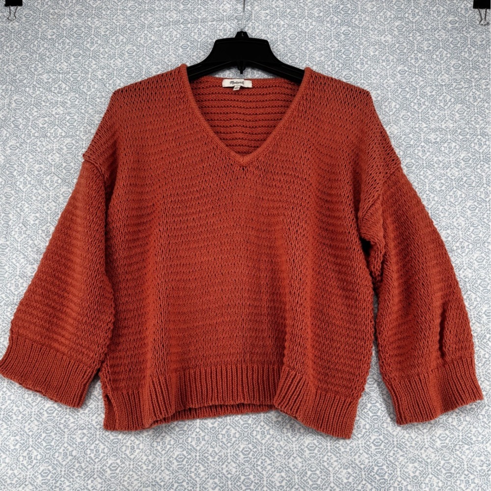 Madewell Pointelle V-Neck Pullover Sweater Rust Orange J2269 Medium